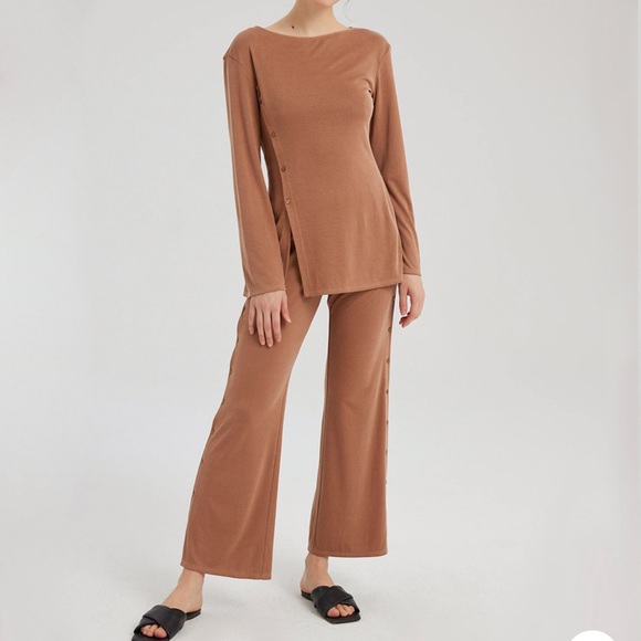 Nap Loungewear Rib-knit Flare Leg Button Pants - Picture 1 of 10